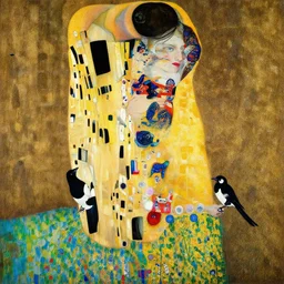 a painting of a female asa Butterfield mixed with pam beesly, she is holding a magpie, by gustav klimt