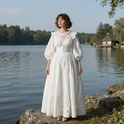 photo, long shot, woman posing, short wavy hair, round face, intricate white dress, lakeside, cottagecore!!, intricate, enlightened, highly detailed, smooth, sharp focus, inspired by artgerm, by marat safin, and alphonse mucha