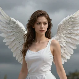 a beautiful woman with angel wings a cloudy background, 3 d render octane, trending on artstation