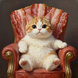 highly detailed oil painting of a cute cat on a bacon throne very intricate, cinematic lighting, award - winning, the good spirit of god, by roberto ferri, by artgerm, tom bagshaw, by j. c. leyendecker and klimt, beautiful cinematic light, american romanticism, by austin osman spare, artstation, cgsociety, official art, octane
