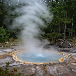 a photo of a prismatic hotspring nestled in a forest