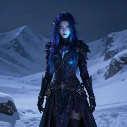 ravenfolk alchemist girl in the snowy mountains. complementary colors, indie concept art, luminescent, 4 k, chiaroscuro, rimlight.