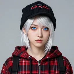 highly detailed portrait of a swedish sewer punk lady student, blue eyes, tartan hoody, hat, white hair by atey ghailan, by greg tocchini, by kaethe butcher, gradient pink, black, brown, cream and light blue color scheme, grunge aesthetic!!! ( ( graffiti tag wall white background ) )