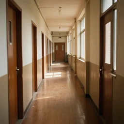 an empty narrow school hallway, brown wooden floor, brown doors, warm sunlight from the windows, dust particles in the air, volumetric lighting