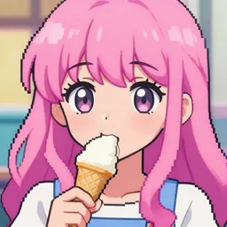 portrait colorful anime girl with big eyes and pink hair eating ice cream pixel art