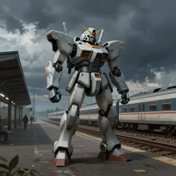 a russian mecha, train station in summer, matte painting, evening, after the storm, drama, by rozalski and stanton kenton, artstation