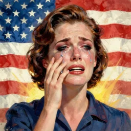 brilliantly colored lithograph by norman rockwell of a woman crying tears in the style of an american flag