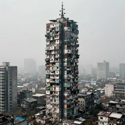 skyscrapers made up of makeshift squatter shacks in an abandoned city, misty, dystopia, mamiya rb 6 7, fully frontal view, very detailed, photographed by ansel adams
