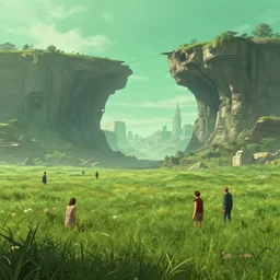a beautiful hyper realistic detailled matte painting of a grassy plain in a serene futuristic cyberpunk city with green sky at noon, a landscapse with giant caverns splitting apart, by john howe, albert bierstadt, alena aenami, whitney darrow jr., and dan mumford concept art, concept art, cinematic, unreal engine