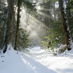 tropical rainforest in snow, sunny, mist, light rays, landscape photo
