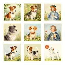 fauna vine vignette game asset vector art around jack russel terrier, smooth style, illustrated by peggy fortnum and beatrix potter and sir john tenniel