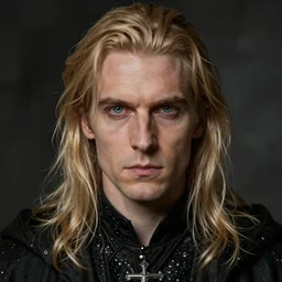 a highly detailed full - size portrait of a male necromancer, with piercing eyes and blonde hair, art by artgerm and frank frazetta and alex horley