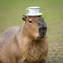 a capybara with a teacup on its head