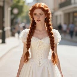 beautiful young woman with extremely long braided redhair, wearing victorian wedding dress and corset top, summer street, in the style of Anna Dittman, fashion photography