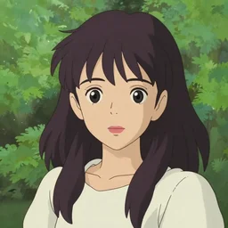 Character portrait of a young beautiful woman in a lush park, beautiful face, large eyes, long dark hair with bangs, highly detailed, cel shading, Studio Ghibli still, by Ilya Kuvshinov and Akihiko Yoshida