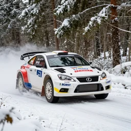 a 2 0 0 8 lexus sc 4 3 0 super gt, racing through a rally stage in a snowy forest