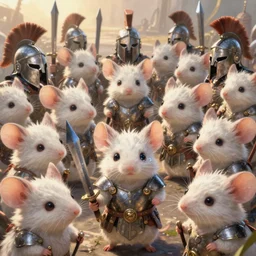 dungeons and dragons fantasy painting, close order phalanx of mice spartans, 3 0 0, whimsical and cute, determined expressions, watery eyes, anime inspired, white fur, tufty whiskers, steel blades, dawn lighting, by brain froud jessica rossier and greg rutkowski
