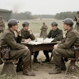 artistic piece of rare war combatants sitting down and thinking, war treaty, 1 9 2 0 s detailed photography