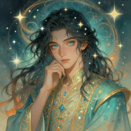 portrait of magical muslim man, dreamy and ethereal, expressive pose, big blue eyes, peaceful expression, ornate outfit, fantasy, intricate, elegant, many stars, teal and orange tones, highly detailed, digital painting, artstation, concept art, smooth, sharp focus, illustration, art by artgerm and greg rutkowski and alphonse mucha