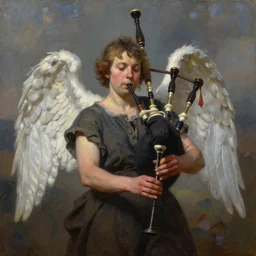 masterful oil painting of a bagpipe with angel wings