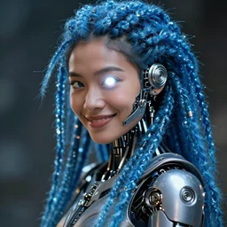 beautiful futuristic himba woman smirking, glowing white mechanical eye, robotic prosthetic arm, blue glass dreadlocks, hyperrealistic, sci - fi, dramatic lighting, intricate, soft focus