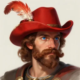 Caucasian Man with blue eyes and brown curly mustache wearing a red Cavalier hat with feather. D&D Character Head and Shoulders Portrait. RPG Digital Artwork. Trending on Artstation.