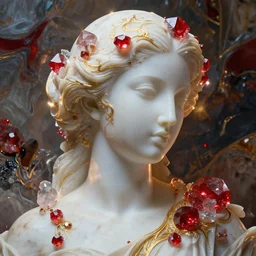 abstract highly detailed female sculpture portrait made of white marble and red crystals quartz, ethereal lights, fine details, artstation, film still, rim light, cinematic photoshooting, luxury, 8 k, intricate golden filigree, octane render, hypperrealistic painting, abstract liquid acrylic art by akira toriyama, katsuhiro otomo, peter chung, robert valley