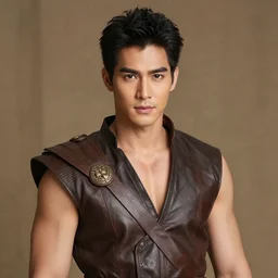handsome man, face like of saharat sangkapreecha, tai warrior, leather costume