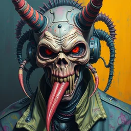 a portrait of a scifi post apocalyptic abomination, scifi fantasy character design, psychedelic vibrant colors, futuristic punk rock fashion, oil painting by michael whelan art and ryan brown, sharp focus, realistic, highly detailed, 8 k