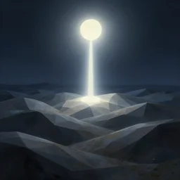 a bright light at midnight in the low - polygon hills, the distant hills are polygons, diffuse lighting, fantasy, intricate, surrealism!!!!, highly detailed, lifelike, photorealistic, digital painting, artstation, illustration, surrealist, concept art, smooth, sharp focus, by greg rutkowski, chris tulloch mccabe, valentina remenar and asher duran,