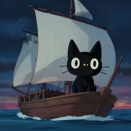 a wholesome animation creative key shot of a black cat sailing a boat in the night, full shot, studio ghibli, pixar and disney animation, sharp, rendered in unreal engine 5, anime key art by greg rutkowski, bloom, dramatic lighting