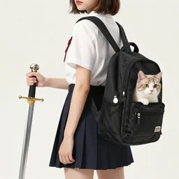 Girl with short hair. In one hand he holds a sword and a half, in the second backpack from which a cat looks out. Dressed in a dress
