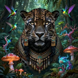 a 3 d jaguar - goddess wide angle portrait with obsidian black fur and piercing eyes. beautiful intricately detailed face and jungle priestess outfit. vibrant hummingbirds, bio luminescent mushrooms, mycelium, pulse projections, shipibo patterns, plasma, creature, artwork by tooth wu and android jones wlop and android jones and beeple and greg rutkowski