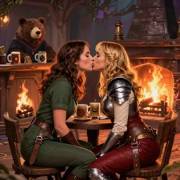 kate beckinsale weared as ranger kissing scarlett johansson weared as paladin, sit in fantasy tavern near fireplace, behind bar deck with bear mugs, medieval dnd, colorfull digital fantasy art, 4k