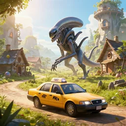xenomorph taxi car in a fantasy village, calming, uplifting mood, ultra realistic, farm, small buildings, highly detailed, epic lighting, bright light, full of color, illuminated, cinematic, morning, art by eddie mendoza