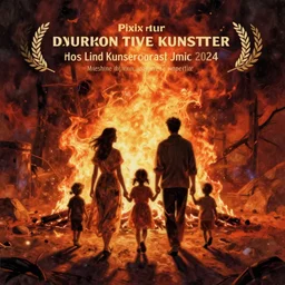 a picture of a family walking in front of a fire, a detailed matte painting by mort kunstler, pixiv, kitsch movement, hellish background, movie poster, official art