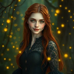 mystical scene, fully covering intricate dress, young woman, fit body, serene smile surrounded by golden firefly lights amidst nature, long red hair, precise linework, accurate green eyes, small nose with freckles, beautiful smooth oval shape face, empathic, expressive emotions, hyper realistic ultrafine art by artemisia gentileschi, jessica rossier, boris vallejo