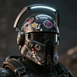 a photo of a scifi black halo spartan helmet covered in old torn stickers, unreal engine, raytracing,