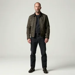 jason statham stands full - length on a white background in a jacket with an important face, realism, detailed study, maximum detail, quality, high quality, soft light, depth of field, focus, realism, 8 k quality, classicism style,