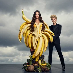 fruit dryad megan fox editorial by malczewski and arcimboldo, vegetables dryad sculpture by arcimboldo, stil frame from'cloudy with a chance of meatballs 2'( 2 0 1 3 ) of banana dryad, fruit hybrid megan fox editorial by alexander mcqueen and arcimboldo