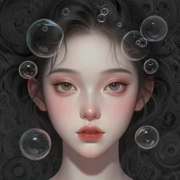 perfectly detailed closeup portrait of a beautiful mysterious girl, bubbles around head, cute eyes, swirly intricate linework background by stanley artgerm lau, smooth, digital painting, by greg rutkowski and hr giger, zbrush, trending on artstation
