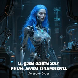 in the style of h. r. giger, phum diem nam : : fantasy art composition : : award - winning : : biomechanical pale woman hologram, blue hair : : dark futuristic lab