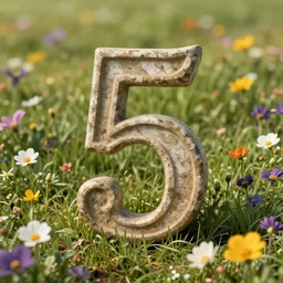 the ancient and mysterious number 5, typography, the number 5 sitting alone in a field of flowers