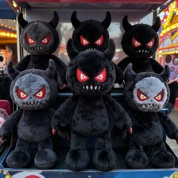 scary demon plushies being sold at an amusement park, devilish, haunting, nightmare