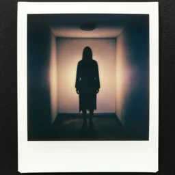 a creepy silhouette hovers inside of a hall. dramatic soft color lighting ( 1 9 8 4 ). featured polaroid