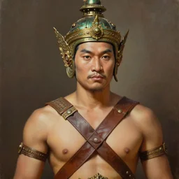 smart tai warlord of sukhothai, closeup portrait, without beard and mustache, historical hero, ethnic group, tai costume, thai transitional bronze headdress, intricate, with leather armor cross on bare chest, elegant, loin cloth, highly detailed, oil painting, artstation, concept art, matte, sharp focus, illustration, hearthstone, art by earl norem