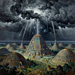 The storms extol our ancient glory, great mounds feed us power from the sacred earth, intricate, elegant, digital mixed media painting, concept art, smooth, sharp focus, illustration, from 1961, by Bill Sienkiewicz, Moebius, Pepe Moreno and Stephen Gammell