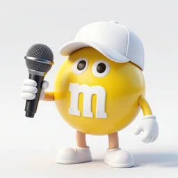a single yellow m & m candy with white arms and legs holding a microphone, a yellow sphere wearing a white baseball cap, eminem as a m & m candy, m & m candy dispenser, m & m plush!!!, unreal engine, unreal engine, volumetric lighting, professional food photography
