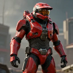 halo 3 post - apocalyptic, red spartan, ingame render