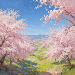 A beautiful painting,An expansive view of,In the center of the valley,Starry sky,Cherry blossomo,Bright style,Summer,Light effect,High-definition picture,Zbrush central,Beeple,Fitz henry lane,artstation